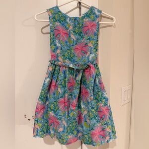Mini Boden Blue Tropical Print Sleeveless Dress with Pink Palms